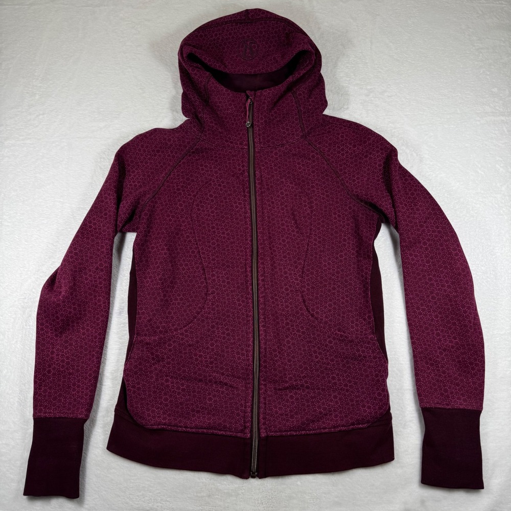 Lululemon Scuba Hoodie Full Zip Burgundy Dotted Fleece Sweatshirt Womens Size 10